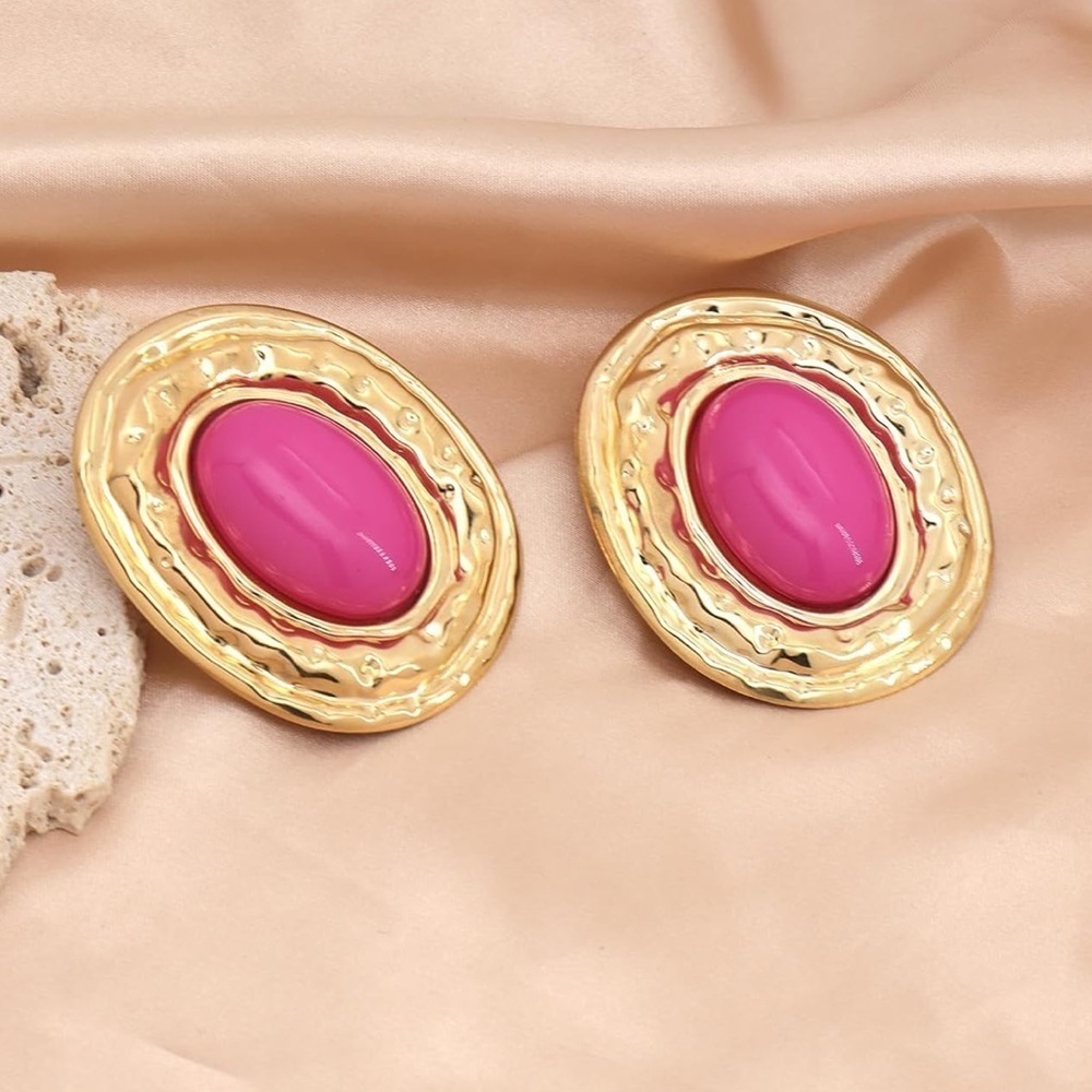 Vintage Pink Oversized Gold Earrings
